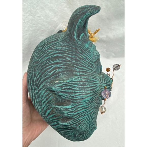 Whimsical Cat Face Hanging Bird Feeder House Blue Ceramic 11"x7" Yard Decor - Picture 5 of 11